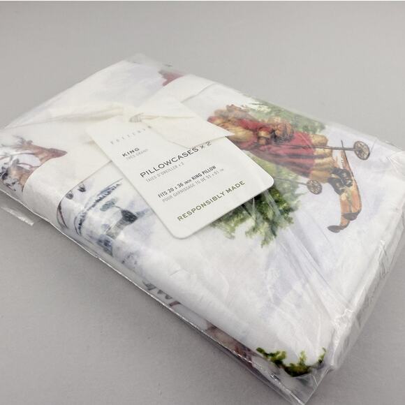 Pottery Barn Pillowcases Set of 2 KING Nostalgic Santa 100% Cotton Christmas - Picture 5 of 5